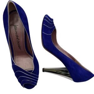 Jean‎ Michel Cazabat Size 6 Suede Leather High Heels Royal Blue Silver Peep Toe
